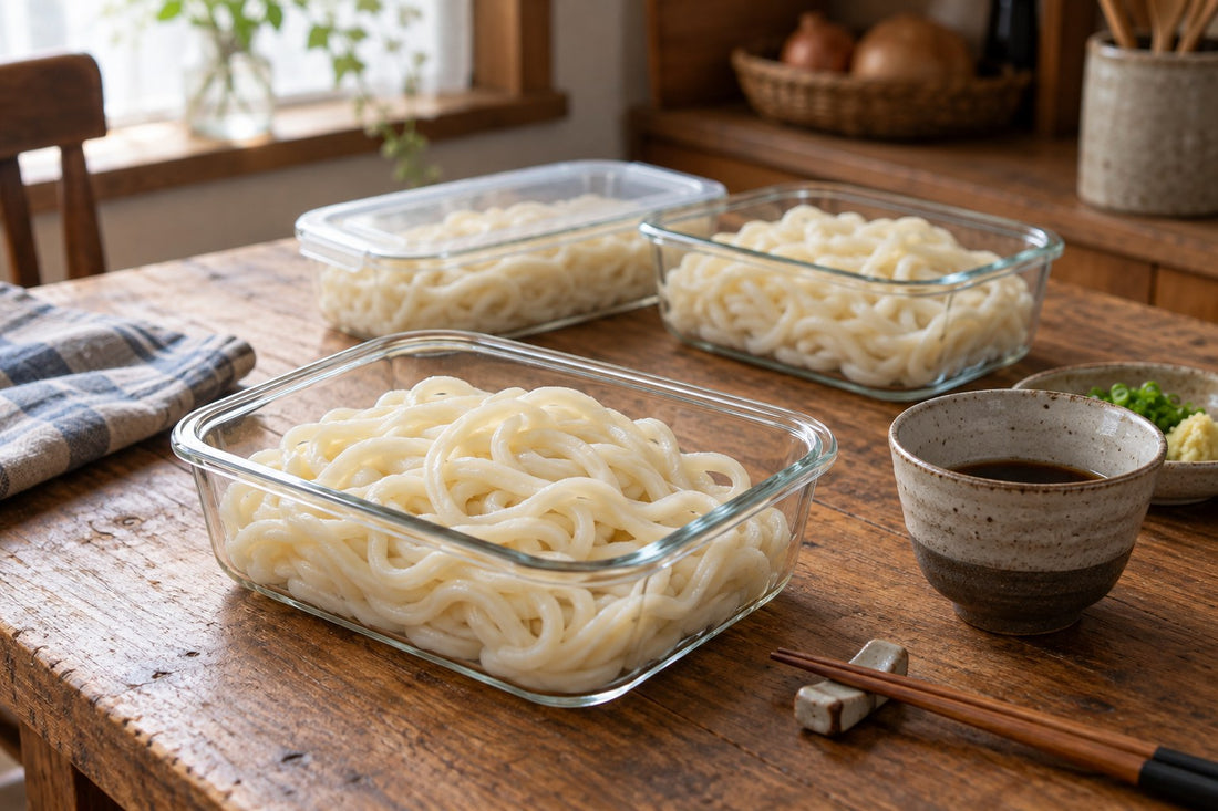 ガラスの保存容器に小分けした作り置きうどんと、つゆ・薬味