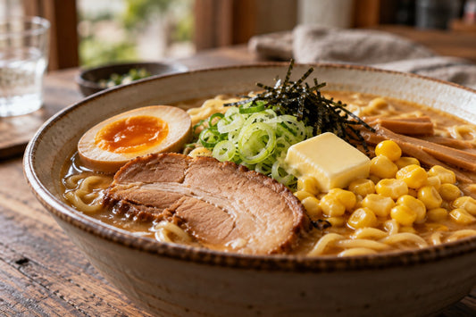 チャーシュー・味玉・コーン・バターをのせた生ラーメンのアップ