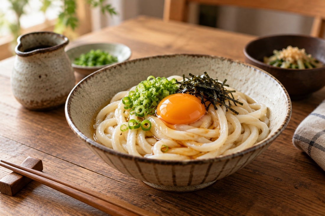 卵黄と青ねぎ・刻みのりをのせた釜玉うどん