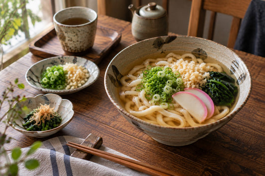 青ねぎ・かまぼこ・天かすを添えた温かいかけうどん