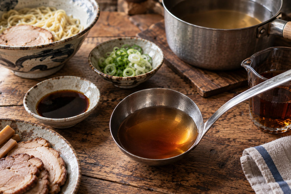 ラーメンスープを仕上げる道具と素材（お玉に澄んだ醤油スープ）