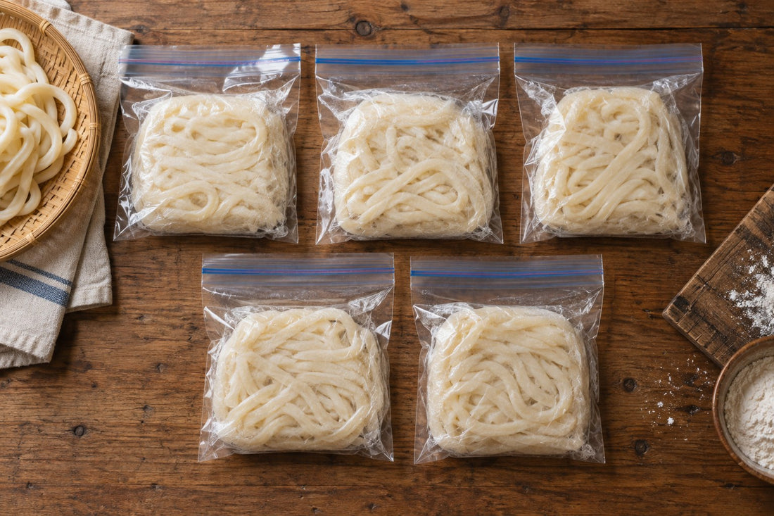 一食分ずつ保存袋に小分けした冷凍用の茹でうどん（真上から）