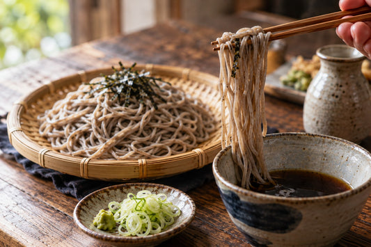 箸で持ち上げた冷たいそばとつけつゆ・薬味