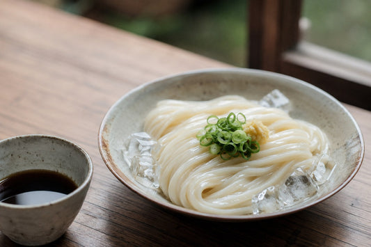 氷を添えた冷やしうどんとつゆ